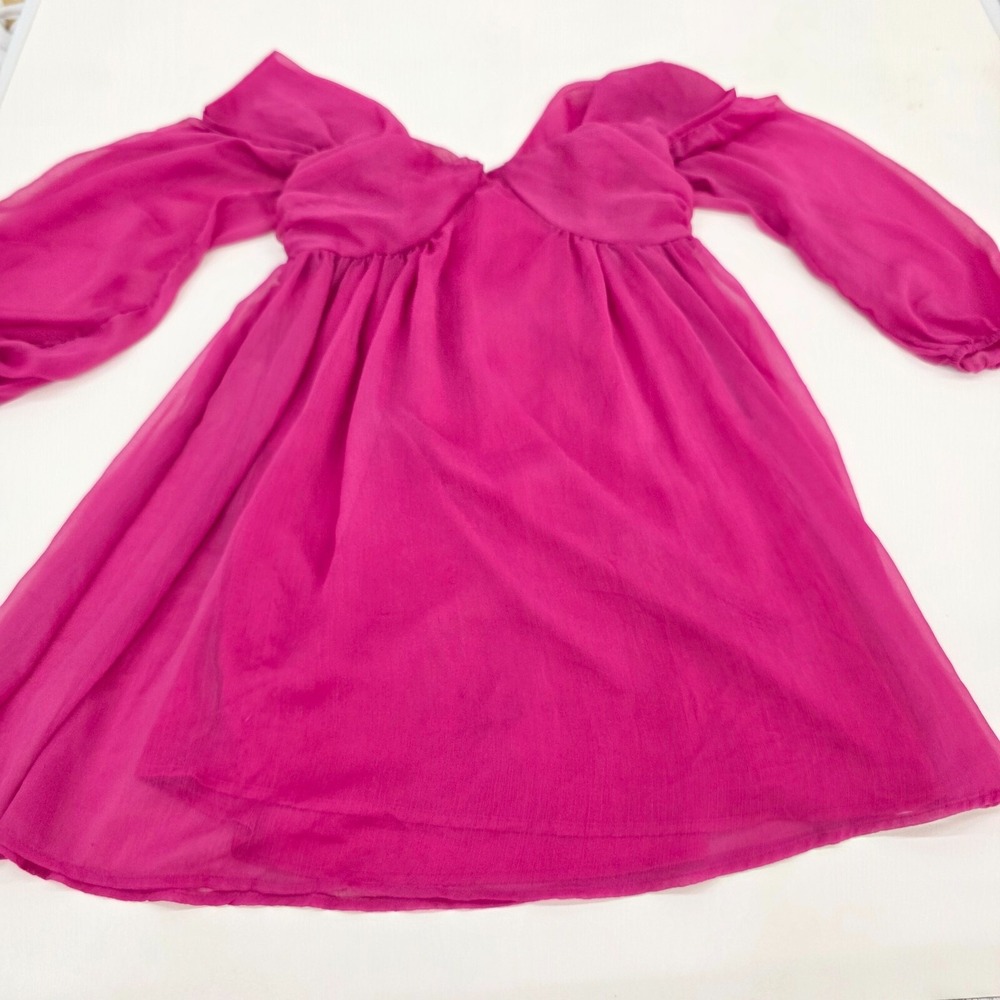 Lulus Womens S Fuchsia Off Shoulder Chiffon Babydoll Dress Sheer Sleeve Romantic - Picture 8 of 15